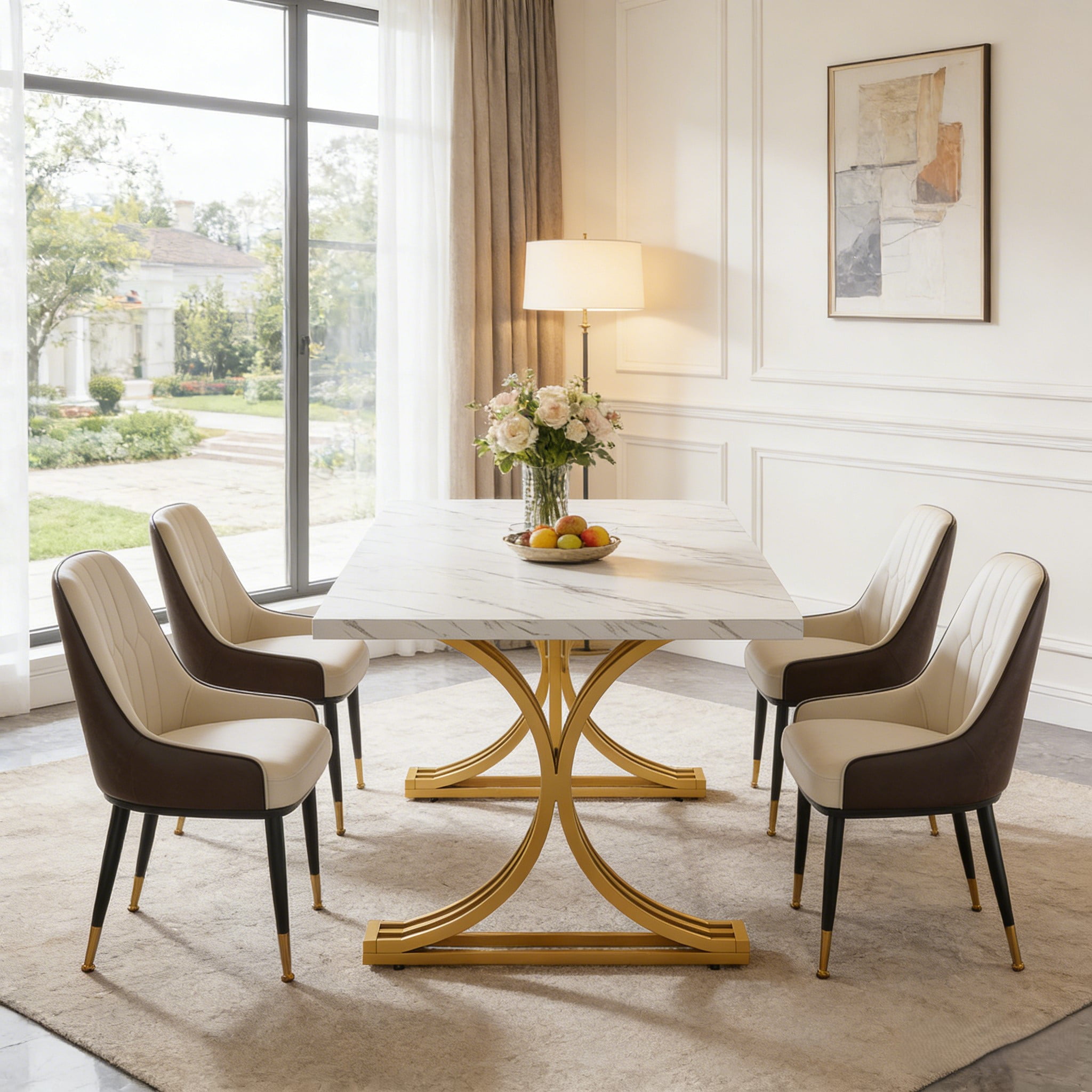 Fnova 63" Modern Dining Table, Rectangular White Faux Marble Top Kitchen Table, Stylish Metal Trestle Legs, Seats 4 to 6 for Dining Room & Kitchen, Living Room
