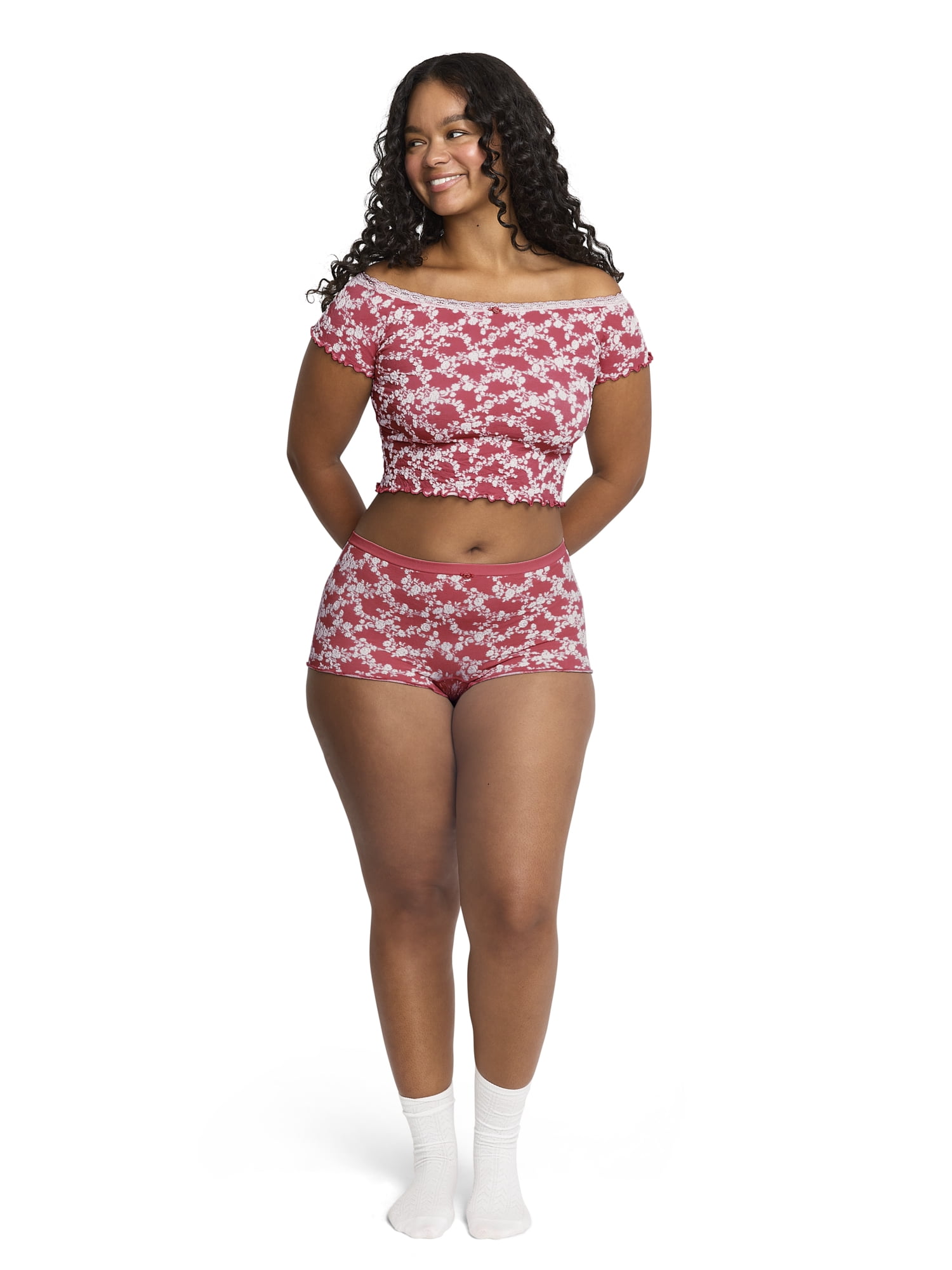 Mills by Millie Bobby Brown Women's Floral Seamless Off-Shoulder Crop Top, Sizes XS-XXXL