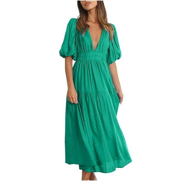 Puntoco Vestido De Manga Corta Con Cuello En V, Vestido De Verano De Manga Corta De Color Sólido Para Mujer Verde Xl