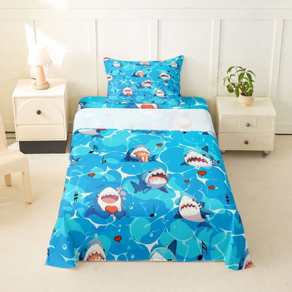 Feelyou Cartoon Shark Twin Sheet Sets for Boys Girls Kids, Ocean Cute Marine Wildlife Bedding, Blue, 3-Piece