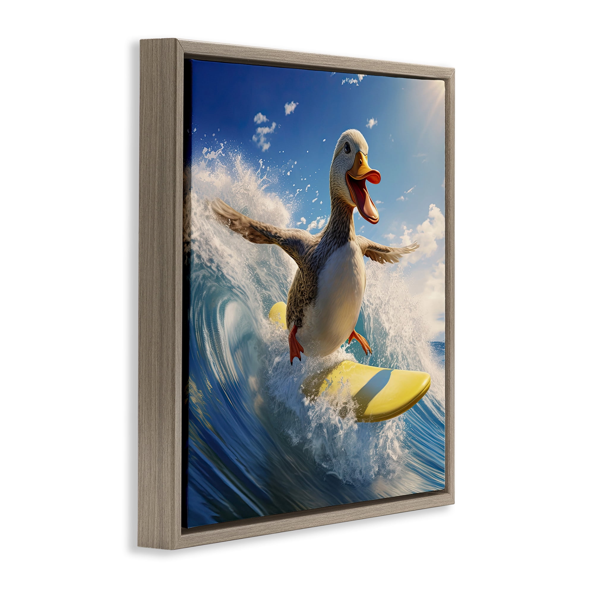 Stupell Industries Happy Surfing Duck Coastal Painting Brown Floater Framed Canvas Art Print Wall Art, 18 x 18