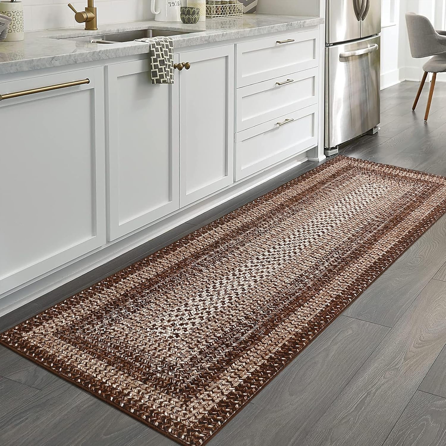 Runner Rug for Hallway Kitchen Runner Carpet 2x10, Machine Washable Long Runner Throw Mat, Non Slip Entryway Rug Stain Resistant Braided Printed Carpet for Bedroom Living Room, Brown