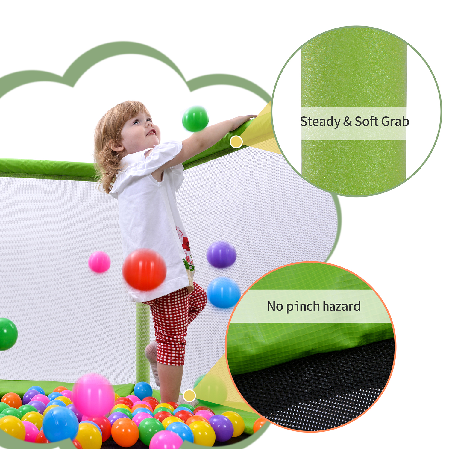 Kadyn 55" Toddlers Trampoline, Vinyl Jumping Trampoline with Safety Enclosure Net and Balls, Indoor Outdoor Mini Trampoline for Kids, Green