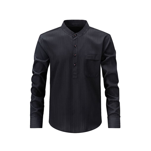 Blusa y camisa de manga larga con cuello alto para hombre, informal, de color liso, con cuello alto, manga larga, bolsillo con medio botón, blusa de poliéster para hombre