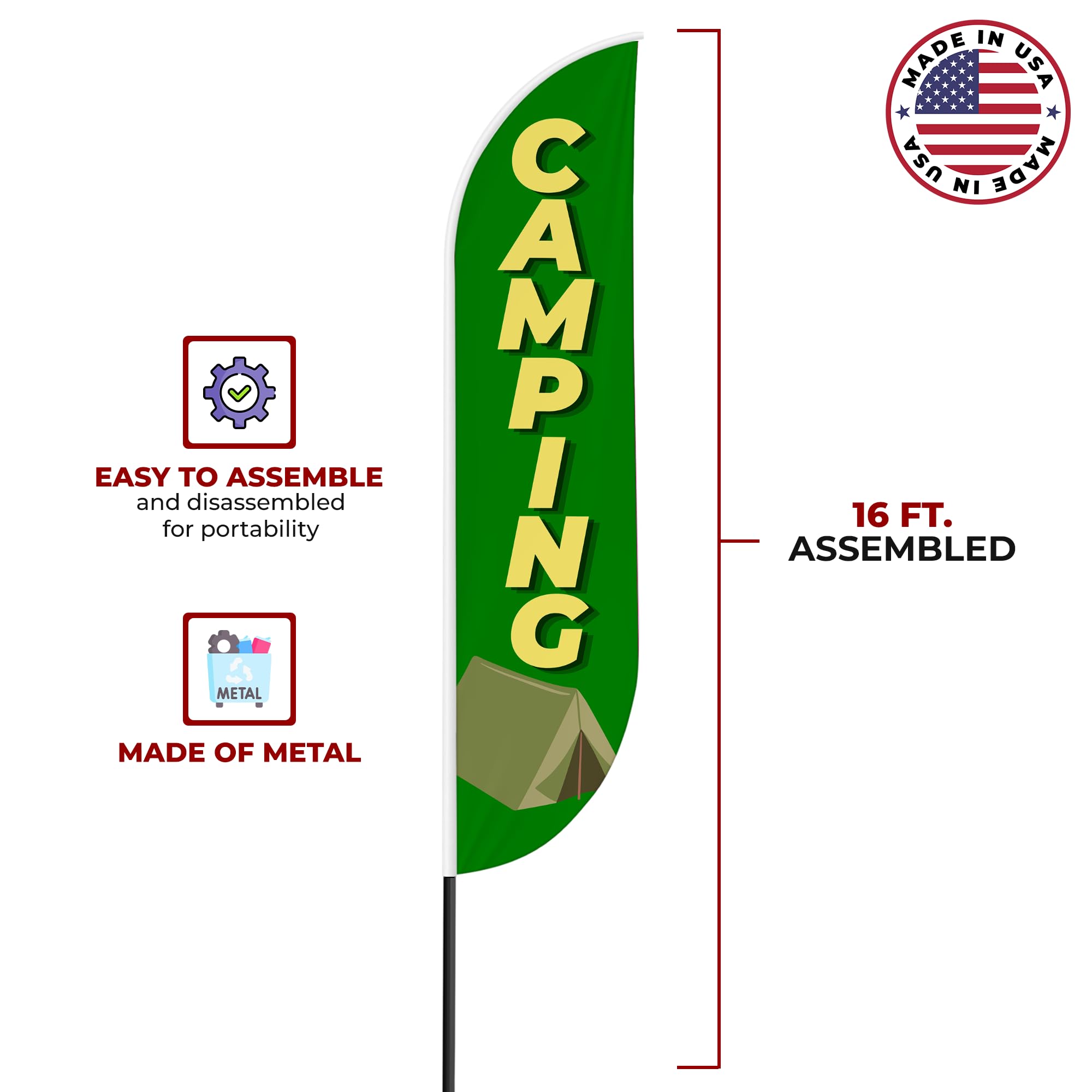 Camping Sign feather flag for Outdoor by Mavis Print | 11.5 FEET Long Polyester Outdoor Banner Flag for Easy Hang | HD Print Swooper I Flag Only for Business Advertising | Made in USA I Flag Only
