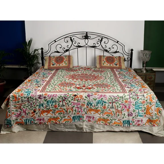 Antique-White Pure Silk Kantha Bed Cover And Pillow Covers From Bengal With Multicolor Fine Animal M