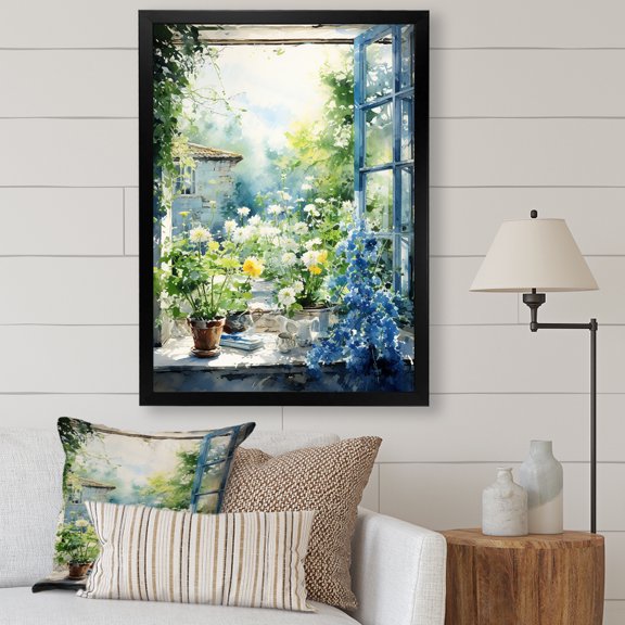 Designart "Countryside Charm with Green and Blue Windows II" Farm Framed Wall Art - Country Green Farm Windows Entryway Framed Wall Art Print