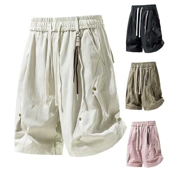 Summer Men Cargo Shorts with Drawstring Waist, Loose 5" Inseam Casual Shorts, Quick Dry Lightweight Multi-Pocket Shorts for Hiking Fishing Travel, Outdoor | AKLJWH,Beige L