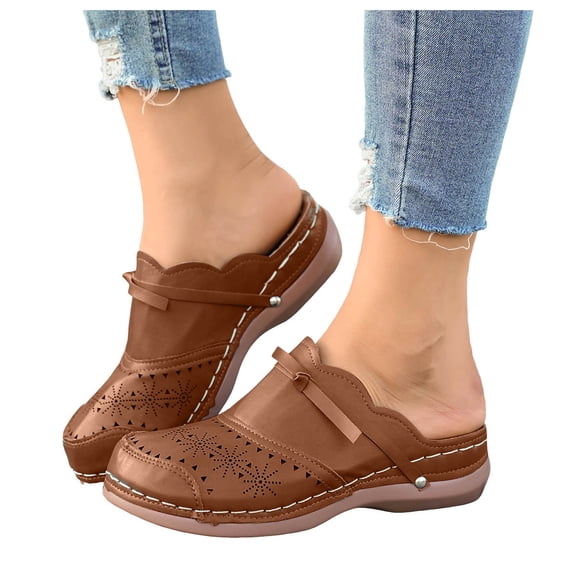 Mules for Women Thick Sole Orthopedic Sandals Splice Leather Closed Round Toe Hollow out Slip on Slides Walking Shoes Brown Size 7.5