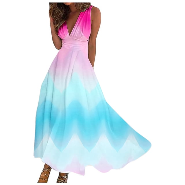 Femmes Robe Swing Robes de Soirée pour Femmes Mode Décontractée Gradient V Cou Imprimé Sans Manches Robe Adulte Vêtements Féminins Bleu Clair Taille XXL