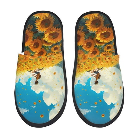 

Noikeo Clear Sky Sunflower Pattern Cozy Slippers Indoor for Women and Mens Fuzzy House Shoes Soft Plush Warm Slip-on Slippers-Medium