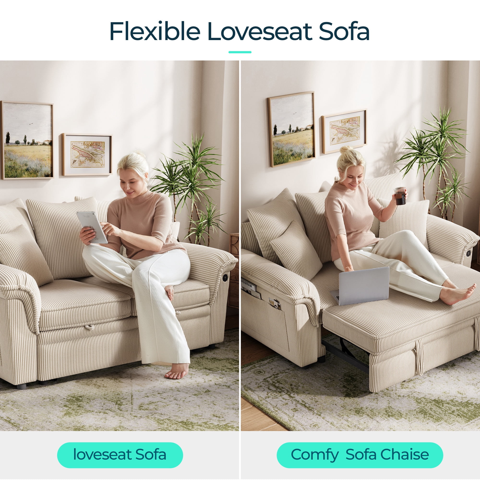 LINSY HOME Modular Sectional Sofa, Pull Out Couch Chaise Lounge, Convertible Loveseat Sofa Couch with Usb & Two Pillows, Beige
