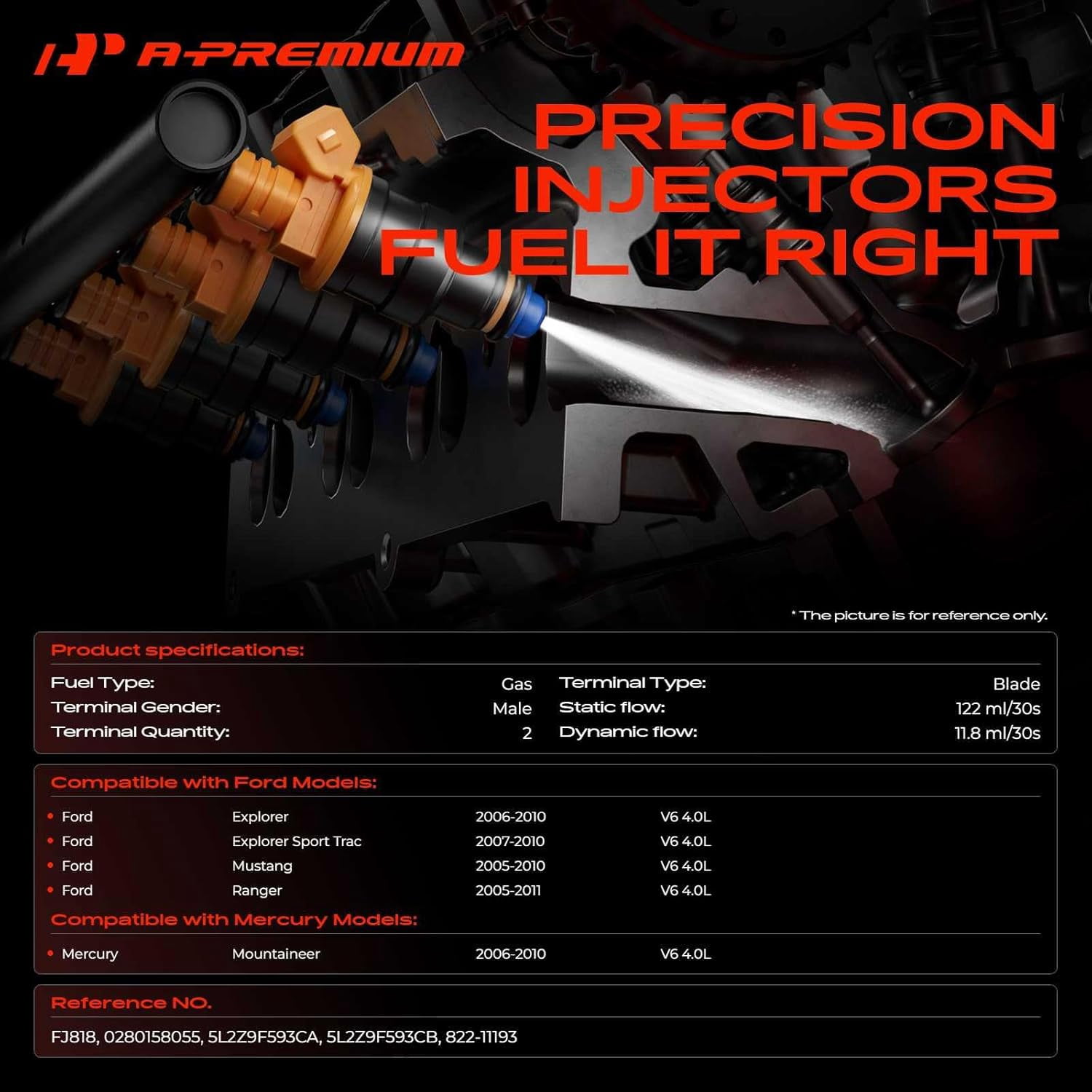 A-Premium Fuel Injectors Compatible with Ford Mustang 2005-2010, Explorer 2006-2010, Ranger 2005-2011, Explorer Sport Trac 2007-2010 & Mercury Mountaineer 2006-2010, V6 4.0L, Set of 6