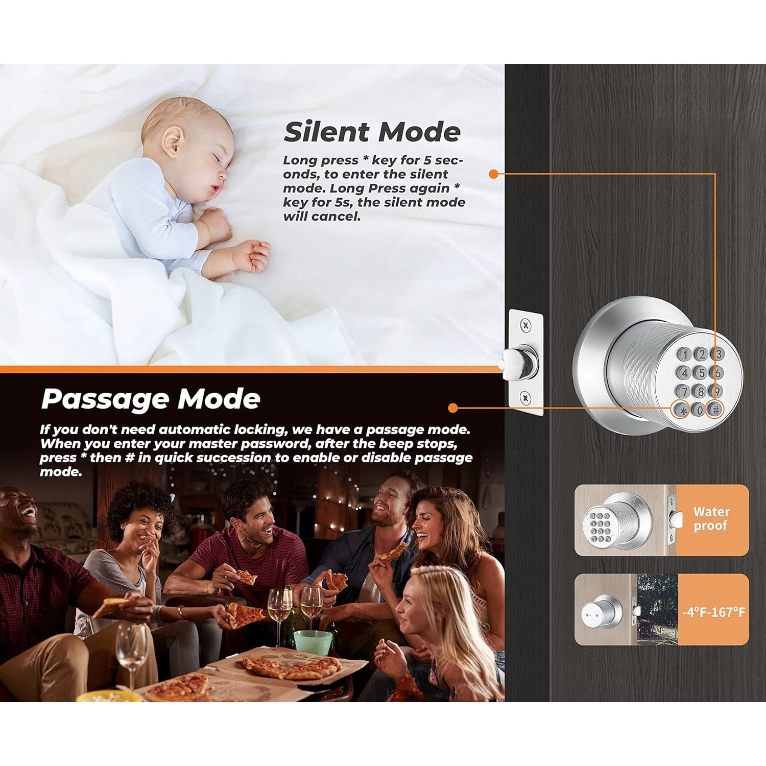 Electronic Keypad Door Knob, Smart Keyless Entry Door Knobs, Code, Anti-Slip Handle, 2.5s Auto Lock, Waterproof Door Lock, Easy to Install for Home, Office, Apartments and Garage Silver