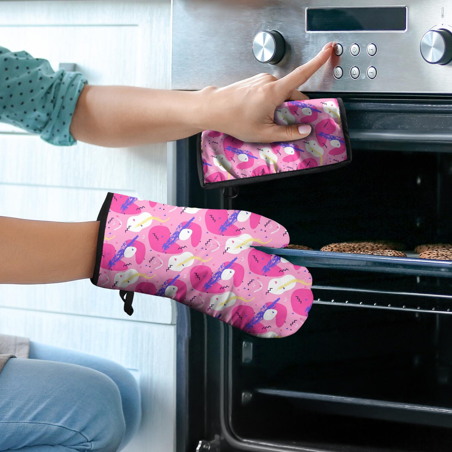 Floral Pattern Oven Mitts and Pot Holders Set Of 4, Heat Resistant Kitchen Gloves with Non-Slip Grip, Hanging Loop, Soft Cotton Lining for Baking, Cooking, Grilling, Barbecue