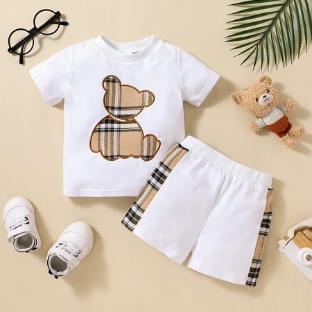 

PatPat 2pcs Baby Boy Plaid Bear Graphic Short-sleeve Tee & Shorts Set