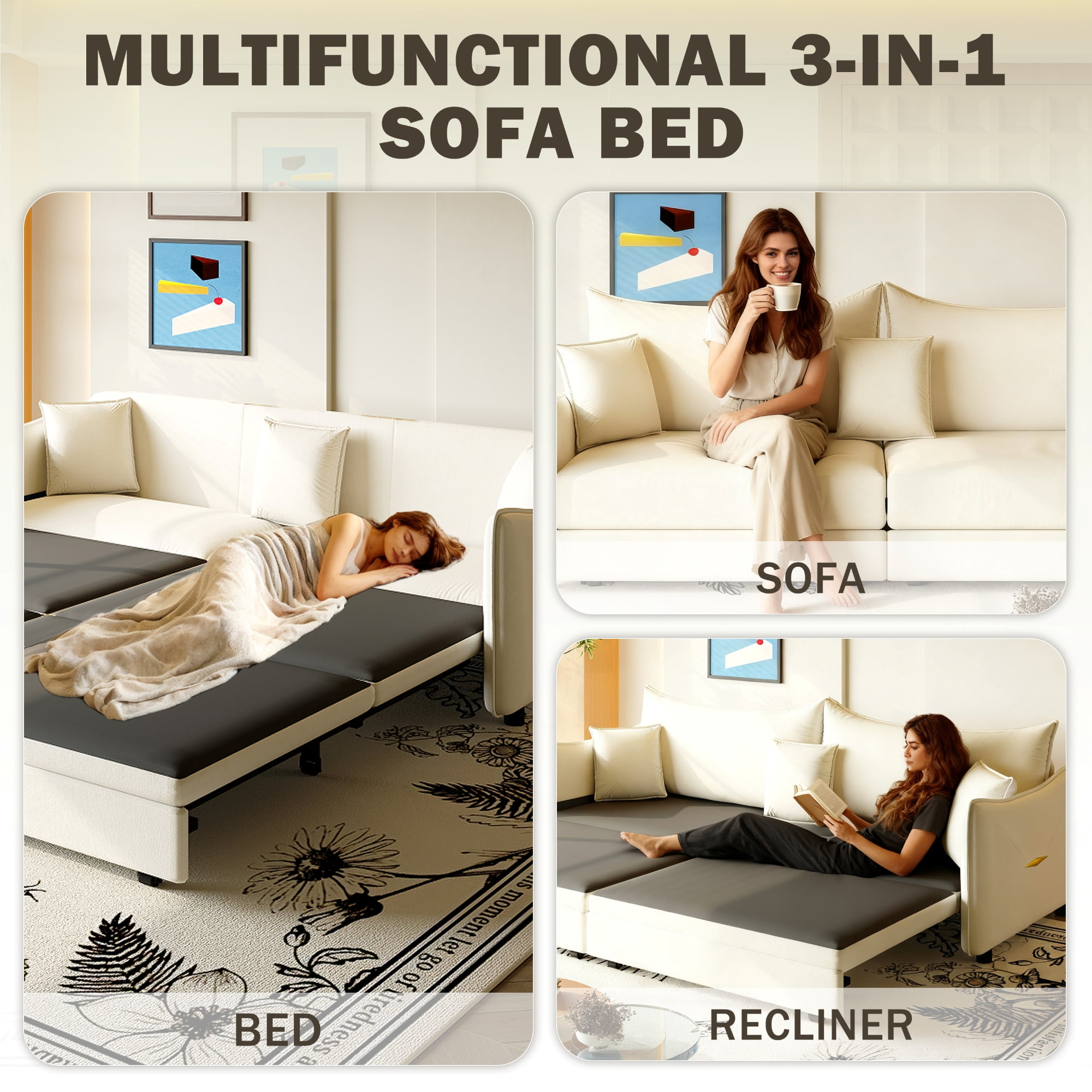 LLappuil 82" Pull Out Sofa Bed King Size, Loveseat Sofa Convertible Sofa Bed, Velvet 3 Seat Sofa Couch for Living Room Beige