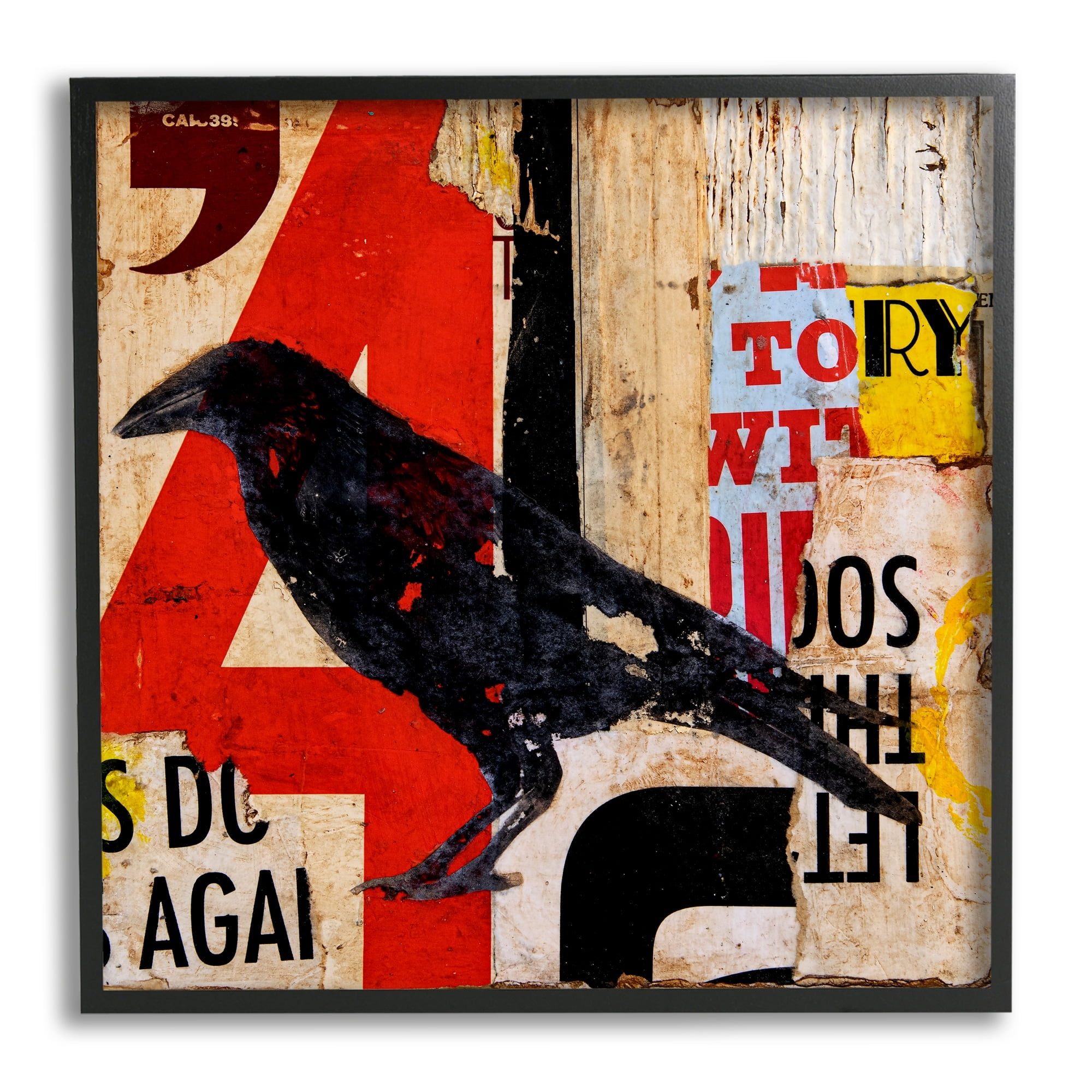 Stupell Industries Stenciled Street Style Black Bird Layered Abstract Words Painting Black Framed Art Print Wall Art, Design by Erin Ashley