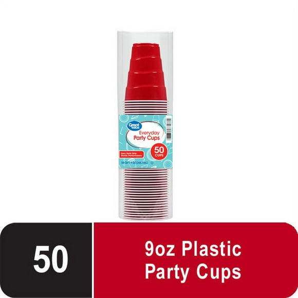 Great Value Everyday Disposable Plastic Party Cups, Red, 9 oz, 50 Count