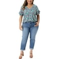 thumbnail image 2 of Agnes Orinda Women's Plus Size Floral Tops V Neck Ruffle Sleeve Summer Casual Blouses  2X Green, 2 of 5