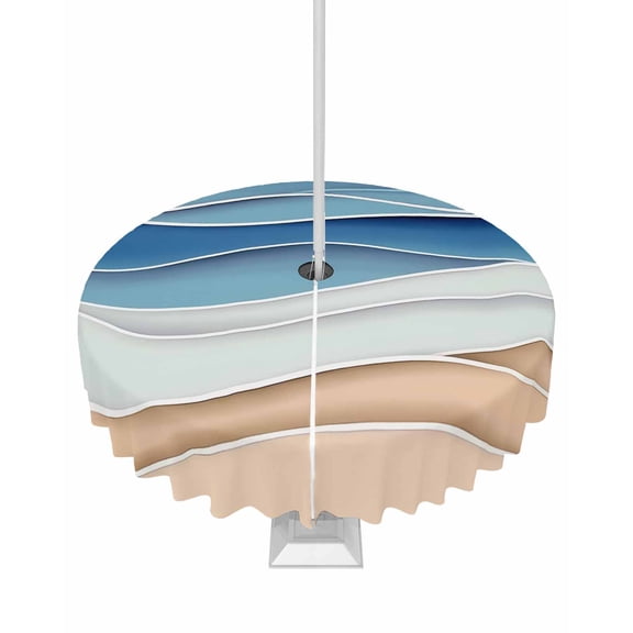 Fsddascl Geometric Blue Outdoor Tablecloth - 54 Inch Round Dining Table Cover, Ocean Wave Stripes Modern Abstract Beach Waterproof Outdoor Table Cloth with Umbrella Hole & Zipper for Picnic/Patio