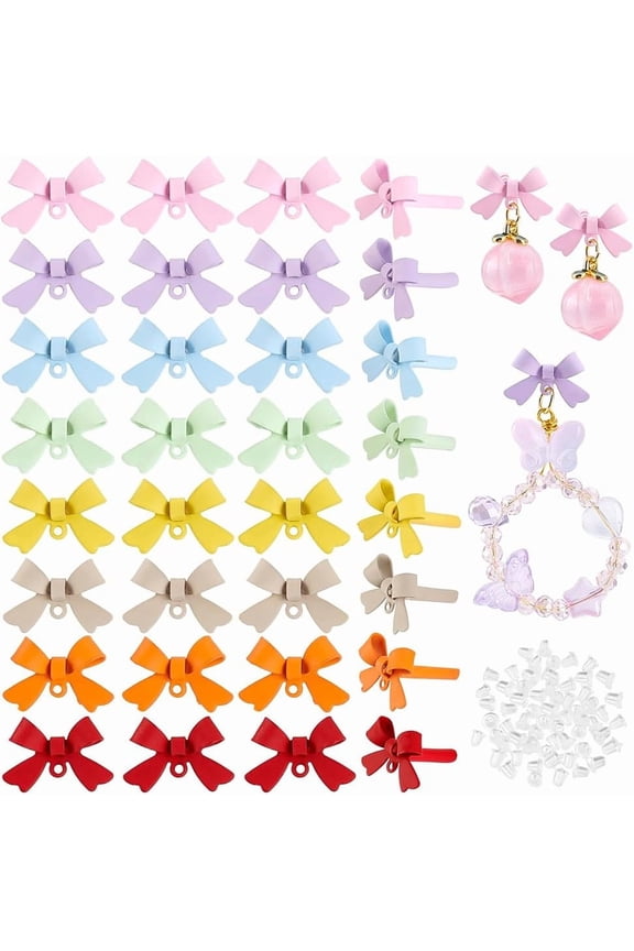48pcs Stud Earrings Charms Earring Posts Earring Findings with Loop for DIY Cute Bowknot Jewellery Vintage Style Earrings for Women Birthday 15x11mm