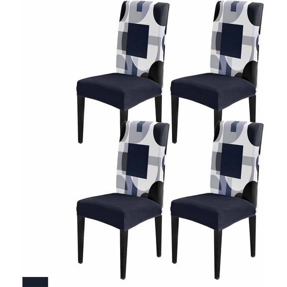 Geometric Blue Dining Chair Cover Set of 4,Modern Minimalist White Middle Century Stretch Chair Protectors Slipcover,Spandex Kitchen Chair Seat Back Cushion Slip Cover for Dining Room,Party,Hotel