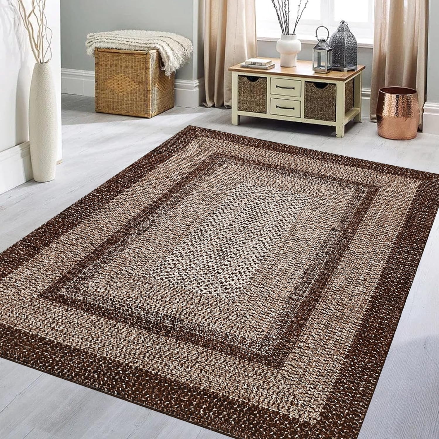 8' x 10' Brown Washable Non-Slip Boho Area Rug for Living Room