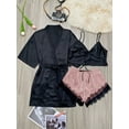 thumbnail image 4 of 3 Piece Simple Satin Pajama Set, Short Robe With Belt + Cami Top + Lace Trim Shorts, Women's Loungewear & Sleepwear, 4 of 5