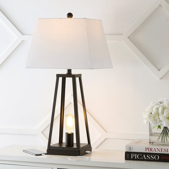 JONATHAN Y Waylon 28.5" Classic Industrial Iron Nightlight LED Table Lamp with USB Charging Port, Black, JYL8503A