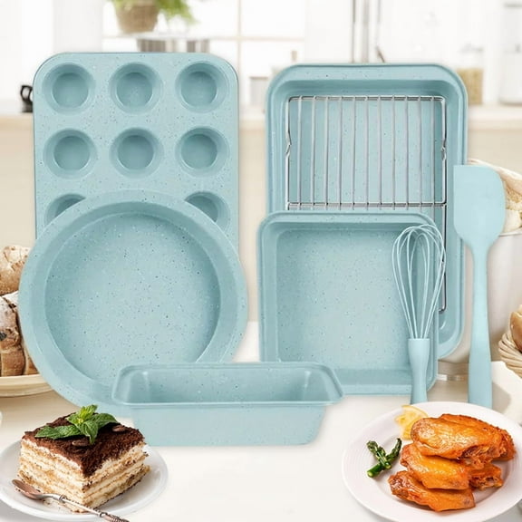 CHEF LANG 5 Pieces Baking Pans Set,Stackable Bakeware Set,Nonstick Baking Sheet Set for Oven,Complete Carbon Steel Bakeware Set,Dishwasher Safe,Blue