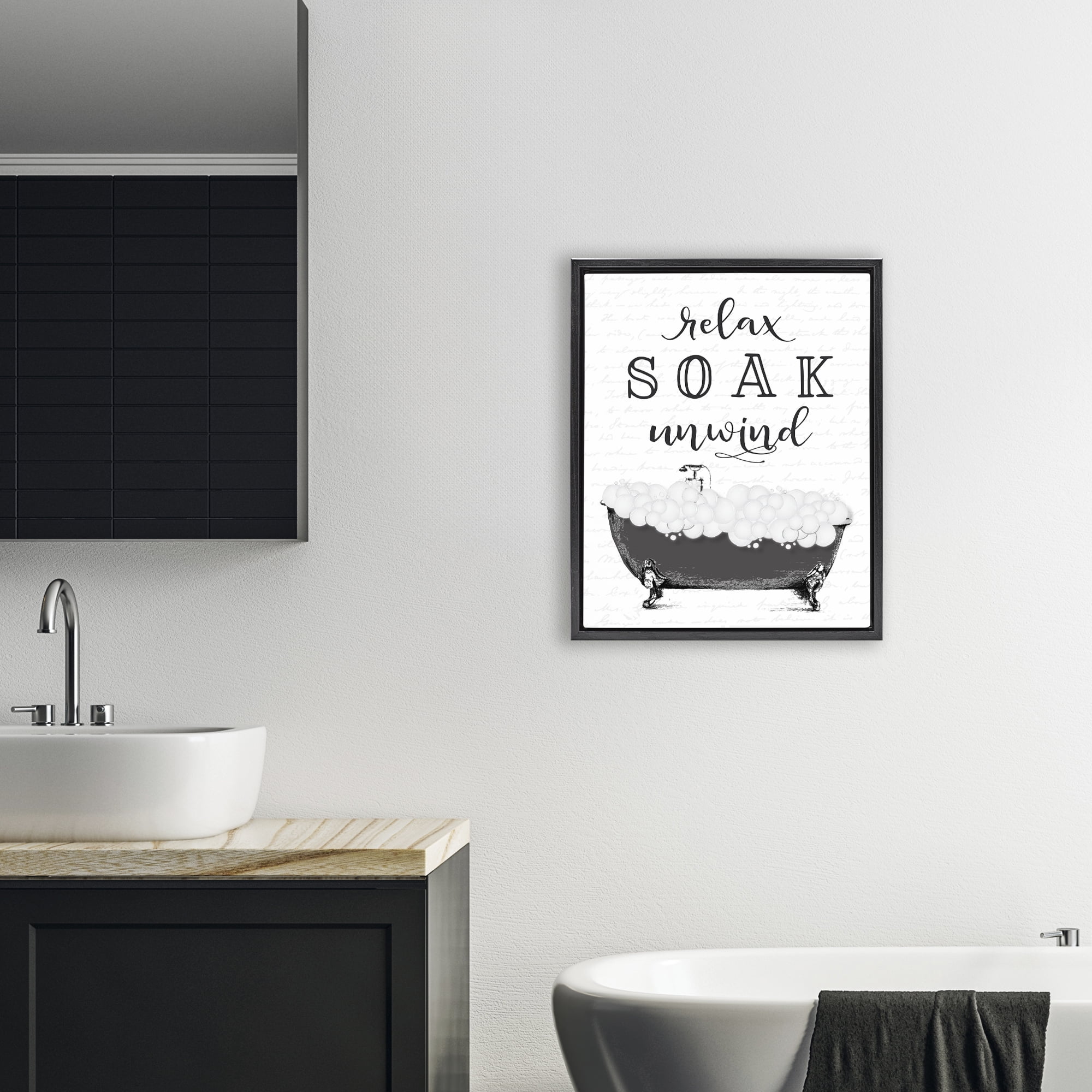 Soak Unwind Bubble Bath Black Framed Floater Canvas Wall Art, design by Lettered and Lined