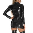 thumbnail image 3 of Women Sexy Leather Dress, Wetlook PVC Leather, Long sleeve, Plus Size shiny Latex Hip Skirt, 3 of 9
