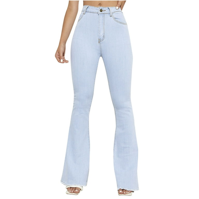 symoid Womens Jeans- Fashion High Rise Wide Leg Stretch Stitching Denim  Flared Pants Light blue M 
