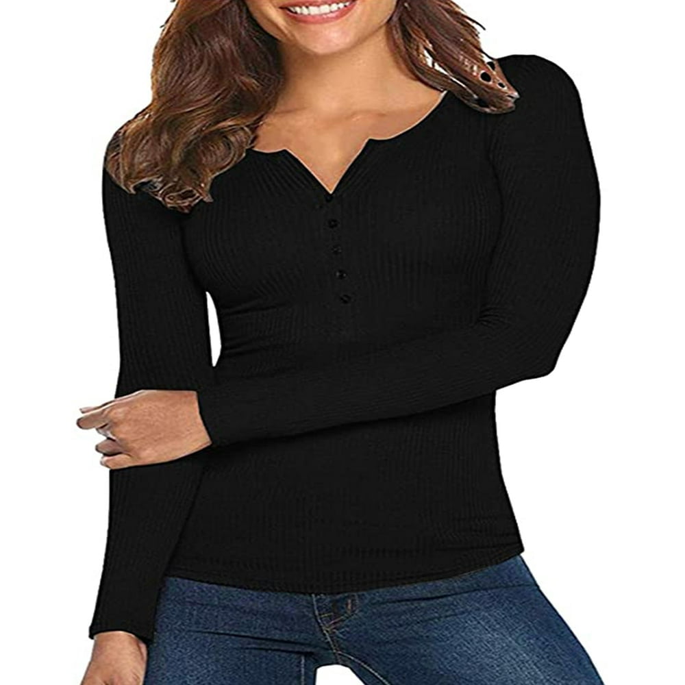 トップス Henly neck knit tops Women's Long Sleeve Henley T Shirts Button Down Slim Fit Tops