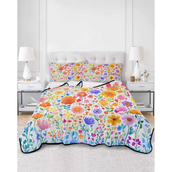 Quilts Twin XL Size, Spring Floral Soft Comforter Bedding Set for Bed, Watercolor Colorful Botanical Summer Lightweight Quilted Bedspread with Pillow Cover(2 Pieces) for All Season, 68x98 Inch