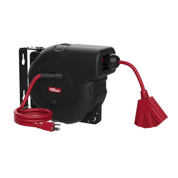 Hyper Tough 33' Auto-Retractable Extension Cord Reel, 16/3 AWG SJTW Cord, Grounded Triple Tap Outlet, Black/Red