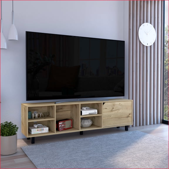 TV Furniture, Modern Light Oak TV Stand with 4 Open Shelves, Fits Up to 70” TVs | Light Oak | TV Size Ranges 70-79 inches