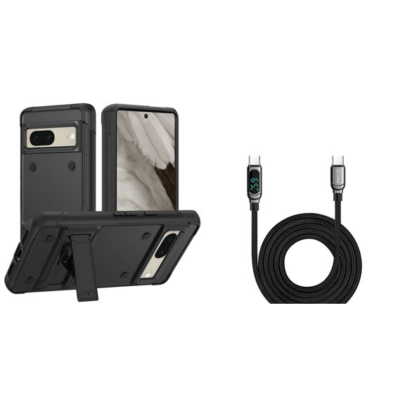 BEMZ Rugged Impact Resistant Kickstand Armor Case (Black) with Digital LED Display Fast Charging USB-C to USB-C Cable (3.3 Feet) for Google Pixel 7a