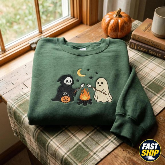 Embroidered Cute Ghosts Camping Camping Spooky Season Outdoors, Sweatshirt