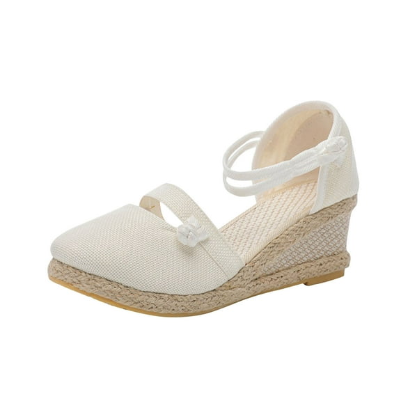 Bovxnpu Summer Sandals for Women 2024,Women's Closed Toe Wedge Sandals,Women's Summer Plus-size Clasp Solid Color Straw Woven Linen Wedge Sandals