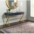 thumbnail image 2 of Pemberly Row Two Drawer Desk Gold Metal Criss Cross Legs Top in Blue Wood, 2 of 12
