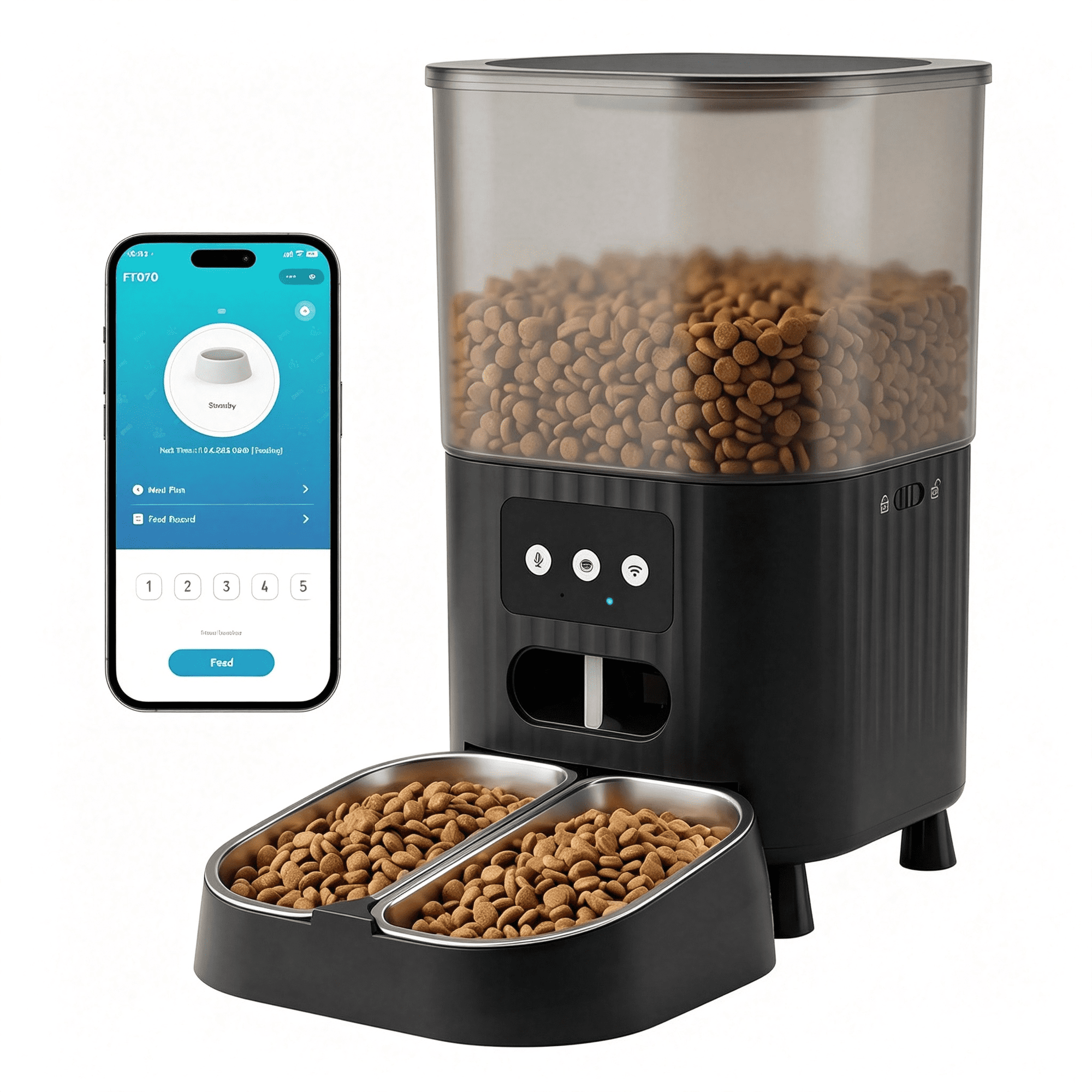 CCOCC Automatic Cat Feeder Wifi Cat Food Dispenser with App Control Smart Dry Pet Food Feeder 1-10 Meals Per Day Voice Recording&Stainless Steel Dual-Bowl for Small Pets Indoor 4.5L Black