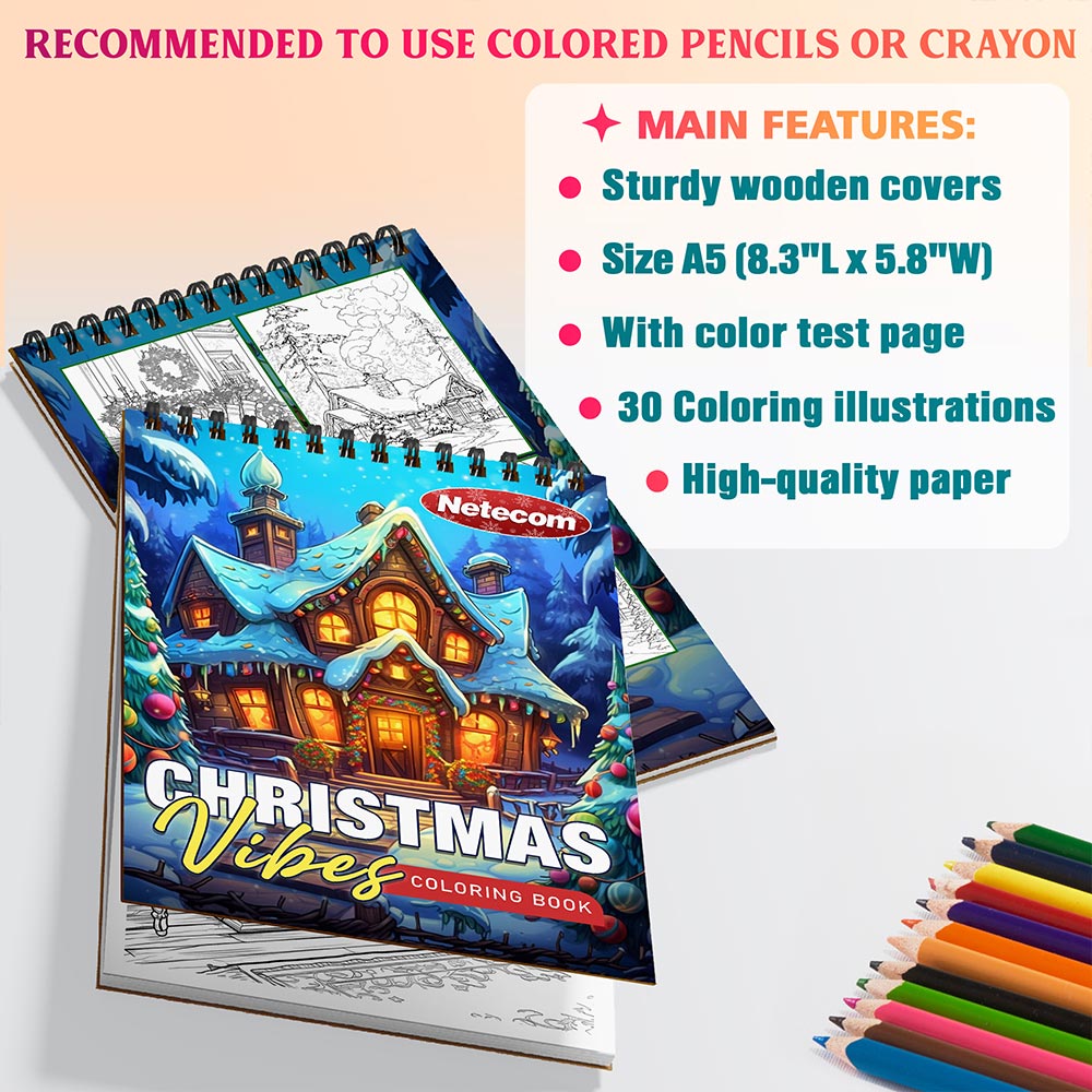 Netecom Christmas Vibes Coloring Book Spiral Bound For Adults, A5 Wooden Cover, 30 Cozy Coloring Pages of Holiday Scenes for Stress Relief and Relaxation