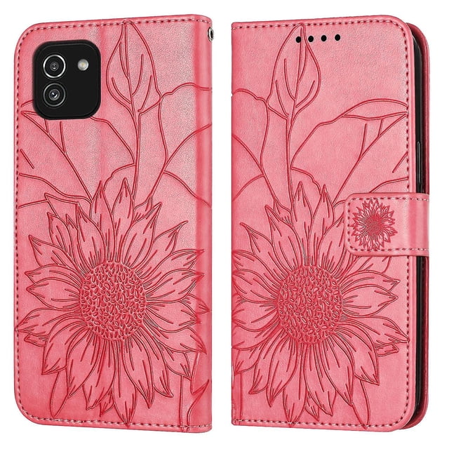 Funda tipo cartera con girasoles grabados para Samsung A03 166, multifuncional, elegante y con protección total.