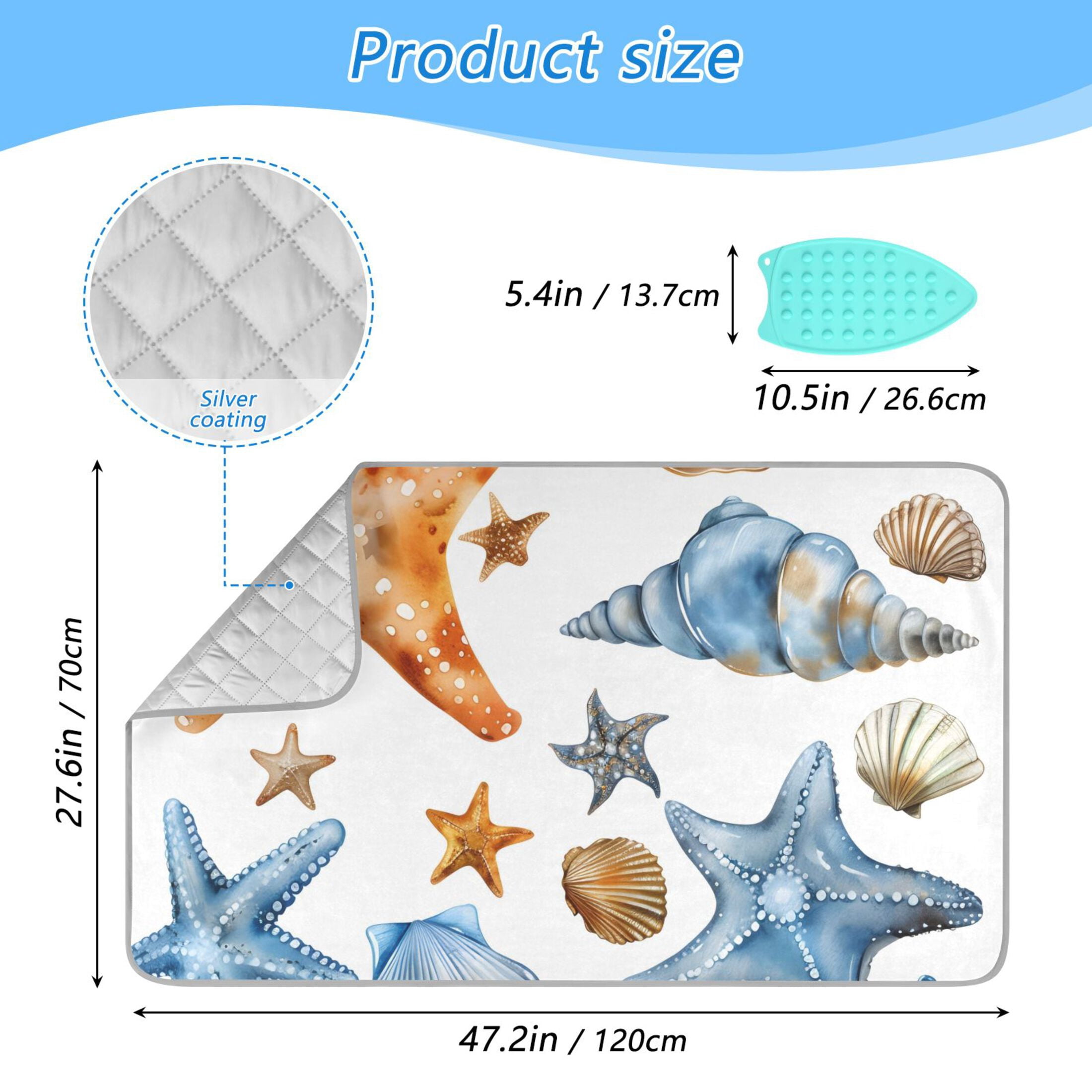 Watercolor Starfish Seashell Ironing Mat Blanket Portable Travel Ironing Pad Heat Resistant Pad 47.2" x 27.6”