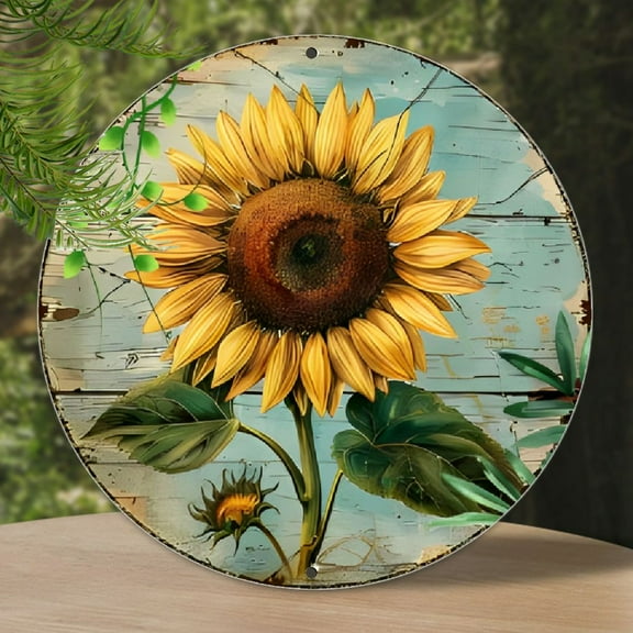 8" Round Aluminum Sunflower Metal Sign - UV Resistant, Waterproof, Pre-Drilled Easy-to-Hang Wall Art - Vintage Watercolor Sunflower Illustration for Home and Outdoor Decor, 1pc