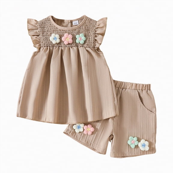 Ccpelsie Toddler Girls Floral Short Sleeve Tops T-Shirt Vest & Shorts Set Kids 1T 2T 3T 4T 5T Clothes Summer Outfits(Coffee,12-18 Months)