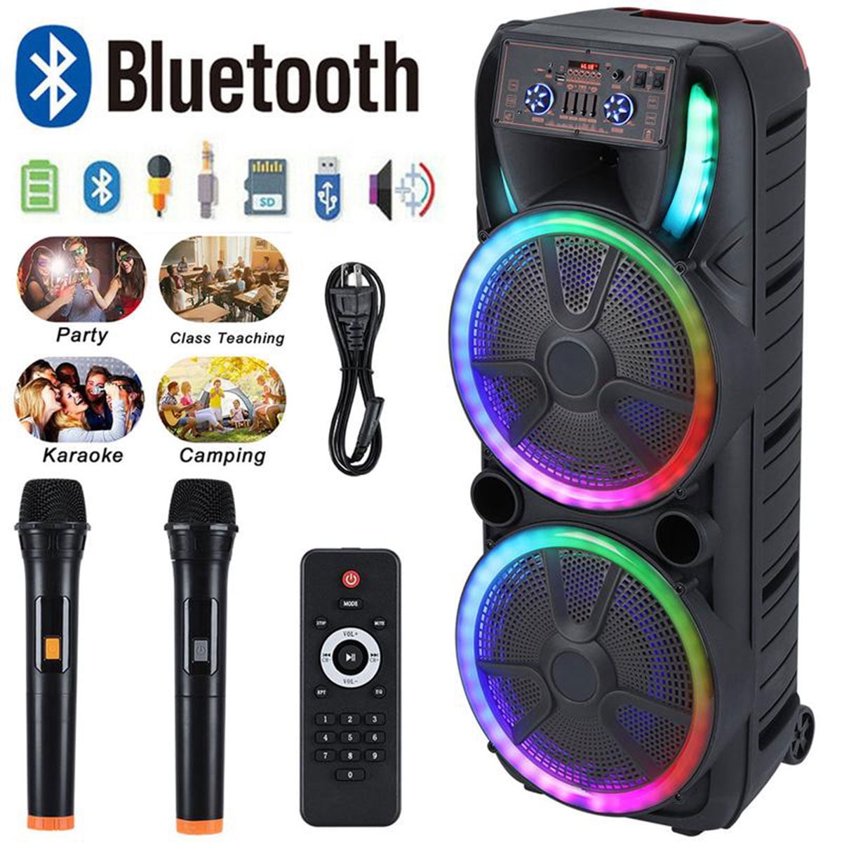 RIDWIND Dual 15-Inch Karaoke Party Speaker System with Wireless Bluetooth, 2 Microphones, LED Light Show, Portable Loud Speaker with Remote & Rechargeable Battery