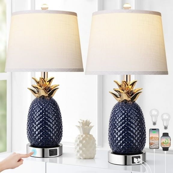 22 INCH Set of 2 Pineapple Table Lamps 3 way Dimmable Ceramic Navy Blue Modern with USB Port Bulbs Included